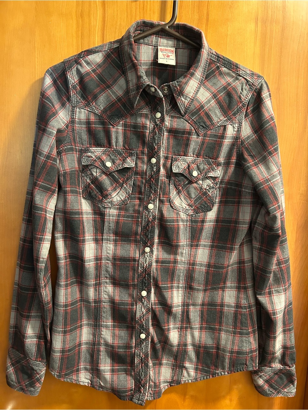 True Religion Women's Grey & Red Plaid Snap-Front Shirt